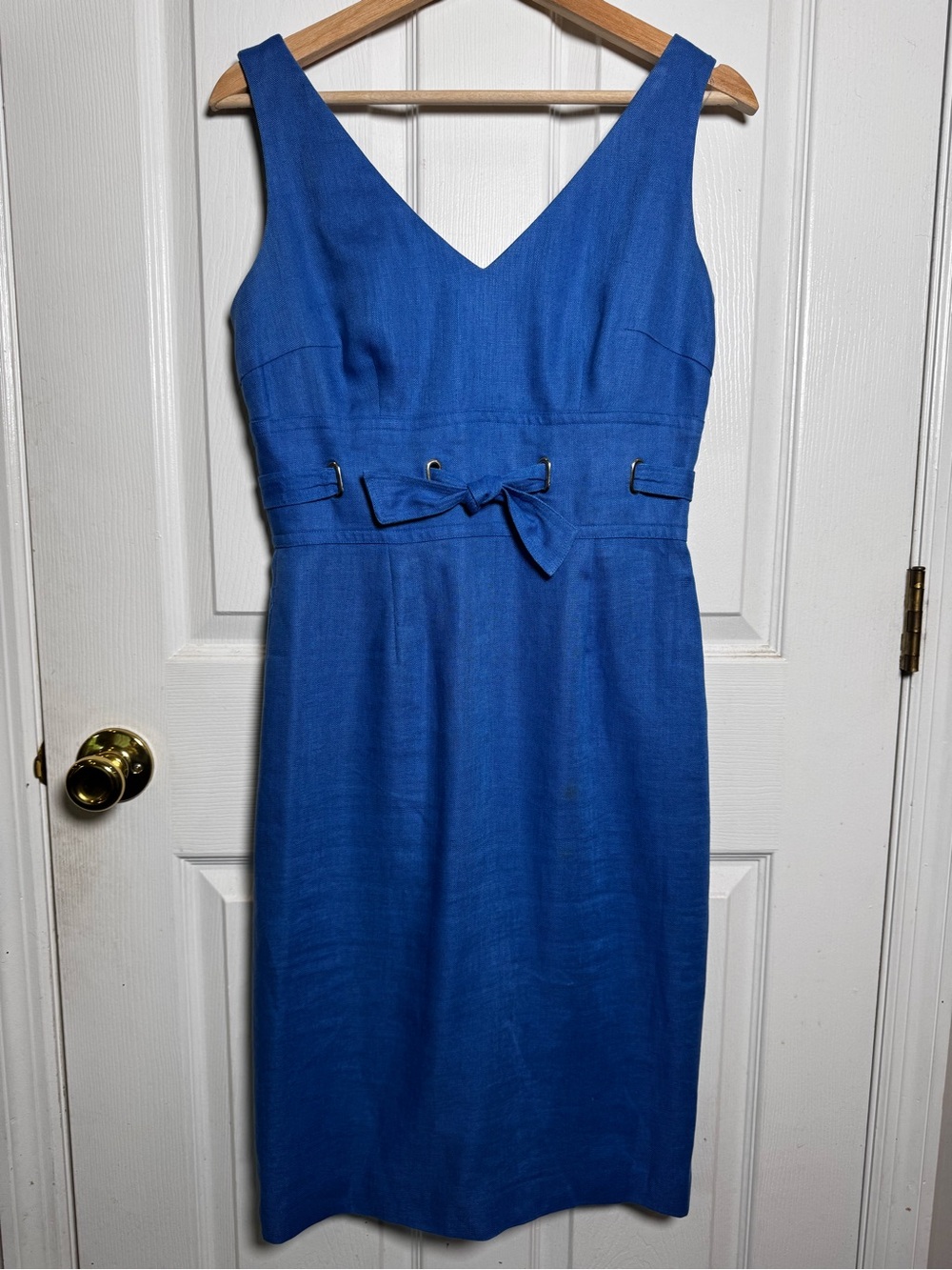 Donna Morgan Blue Linen Sheath Dress Size 4 Sleeveless Tie Waist Detail Capsule